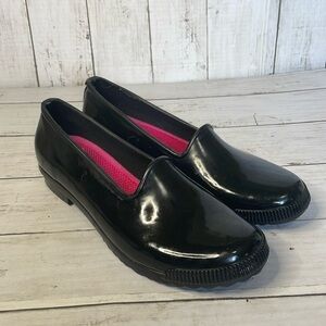COUGAR Black Waterproof Slip On Rubber Rain Shoes with Removable Hot Pink Insole